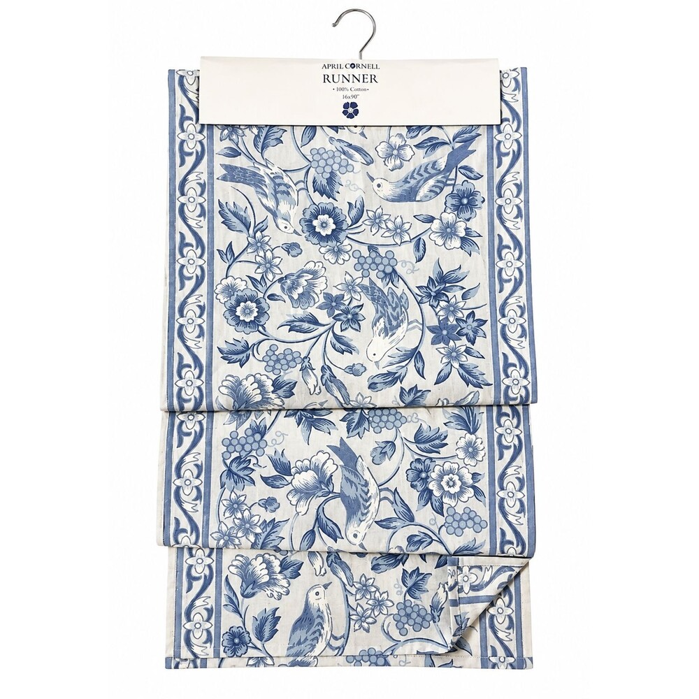 April Cornell Blue Floral Bird Table Runner 16x90" 100% Cotton French Country